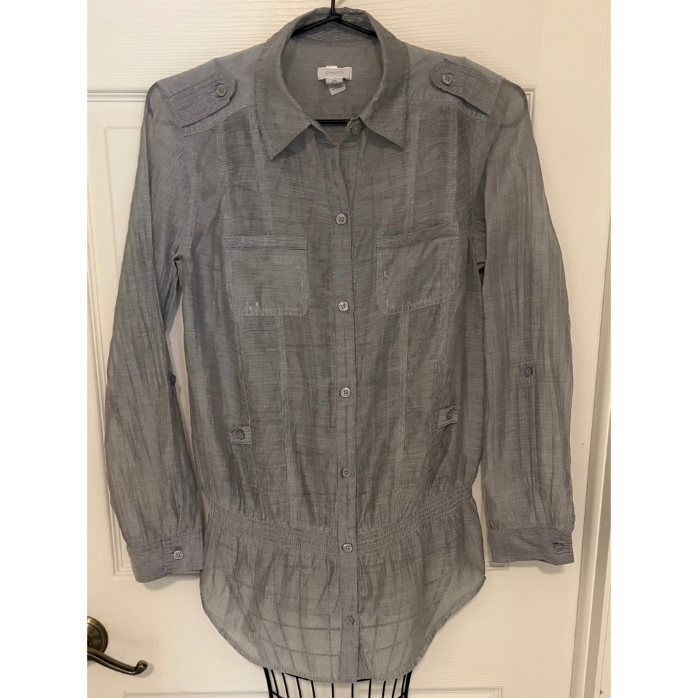 Chico's Women's Small Gray Micro Stripe Utility Button Down Shirt Roll Tab